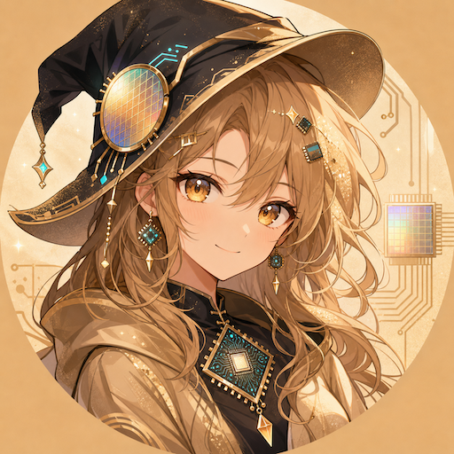 Sandi as a golden techno-witch with bright eyes and a warm expression.